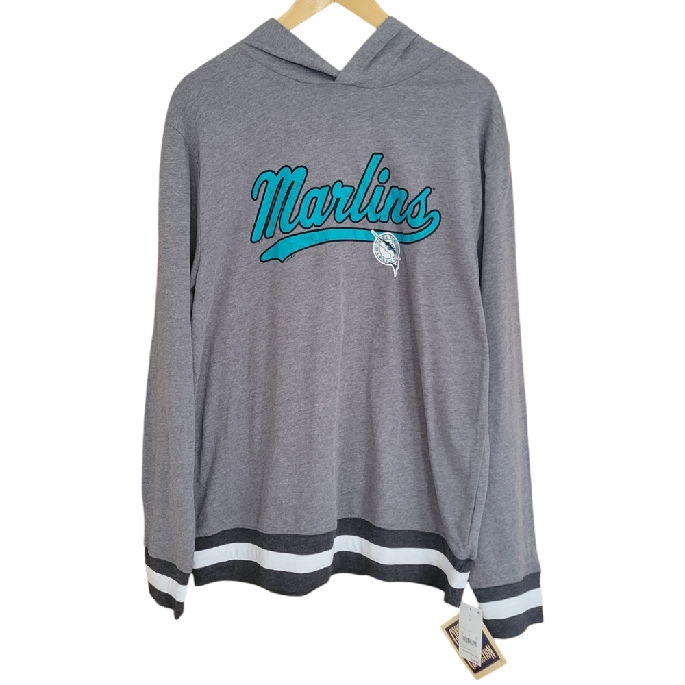 MLB Cooperstown Collection Marlins Hoodie Mens L Gray Lightweight Distressing